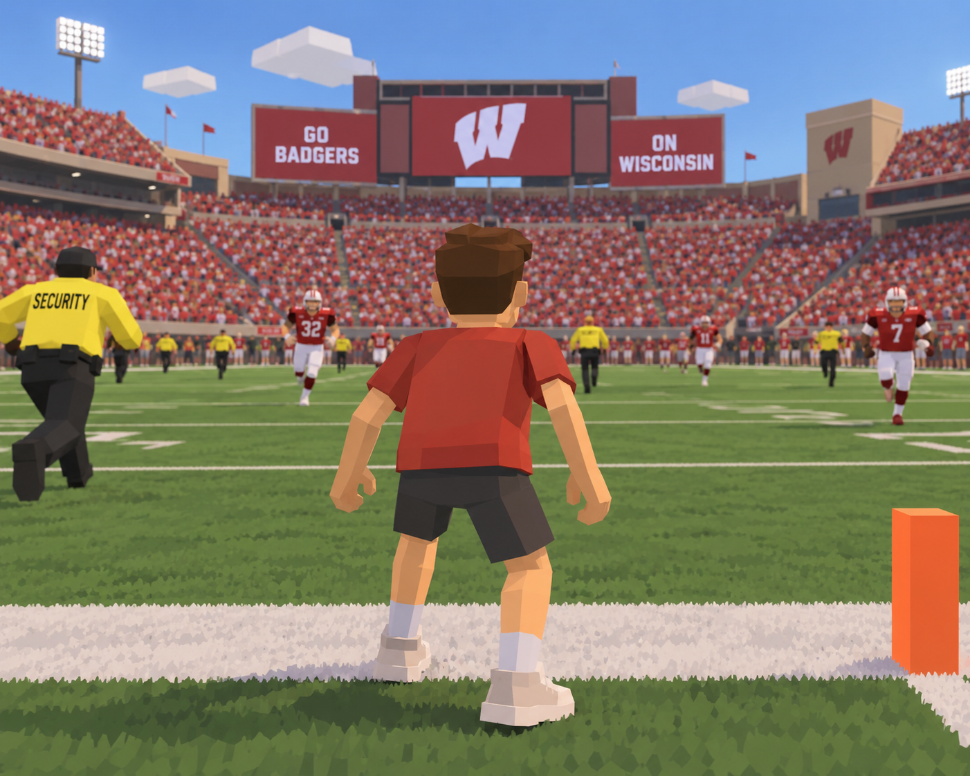 A fan faces security and football players on a crowded Wisconsin football field